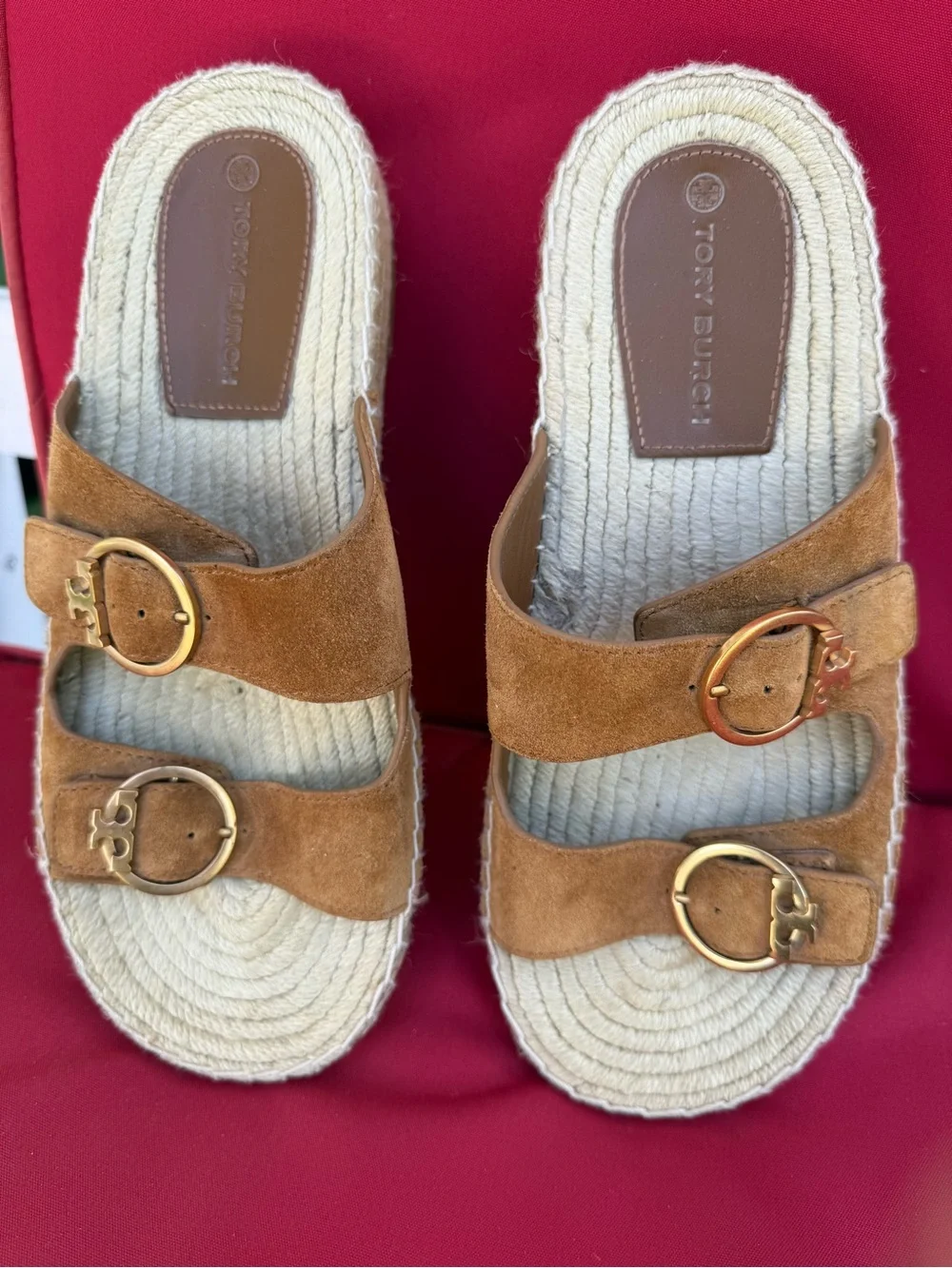 Tory Burch Tan Suede Double-Buckle Espadrille Slide Sandal